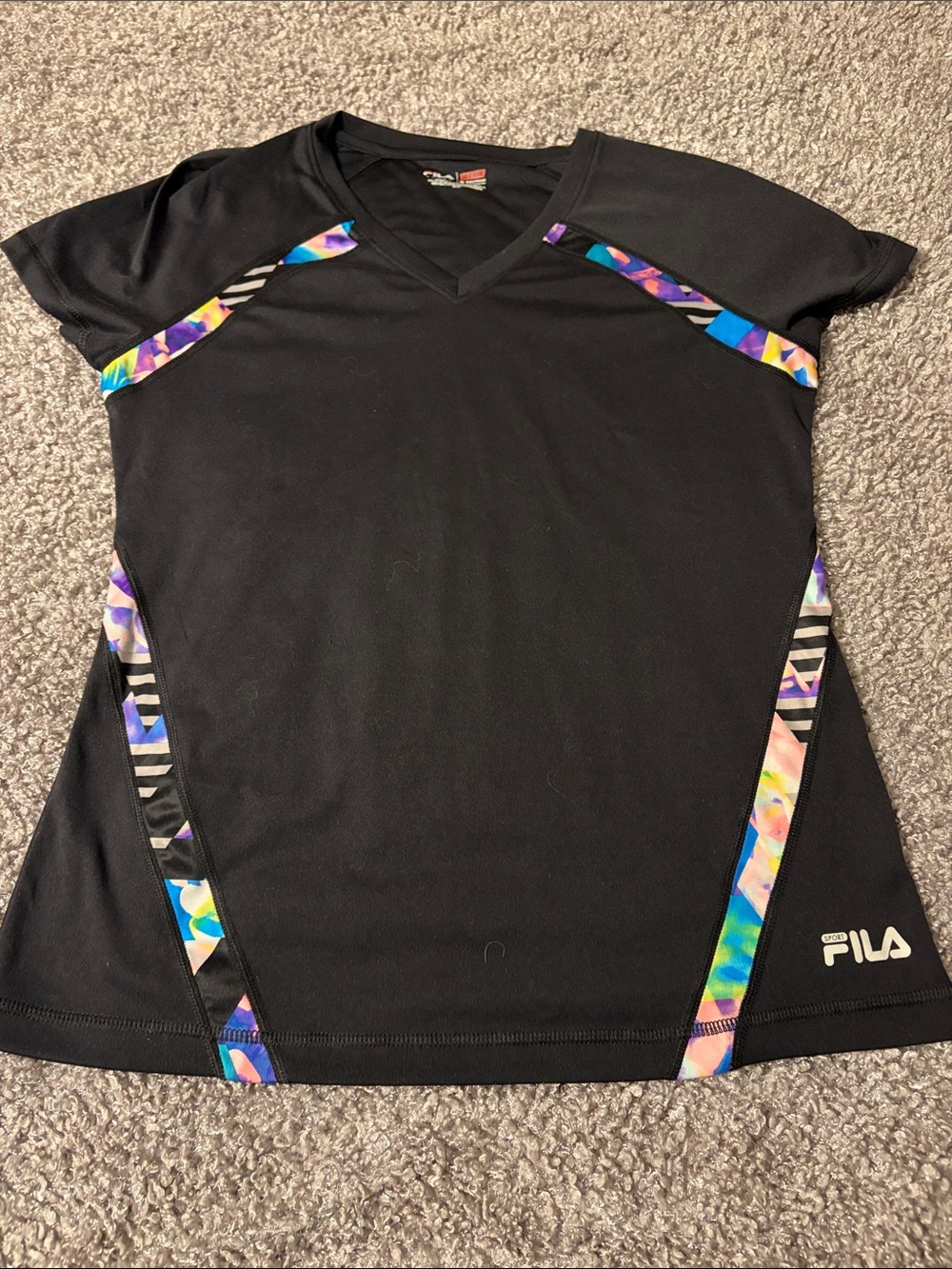 FILA Black V-Neck Athletic Top with Rainbow Accent Trim